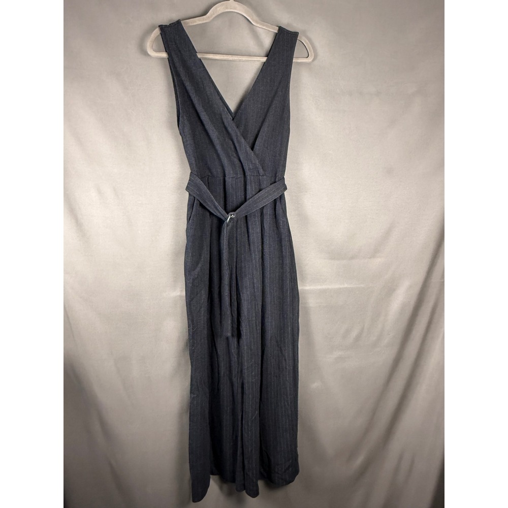 Uniqlo Jumpsuit Women XS Gray Pinstripe Wrap Wide Leg Sleeveless Tie Waist